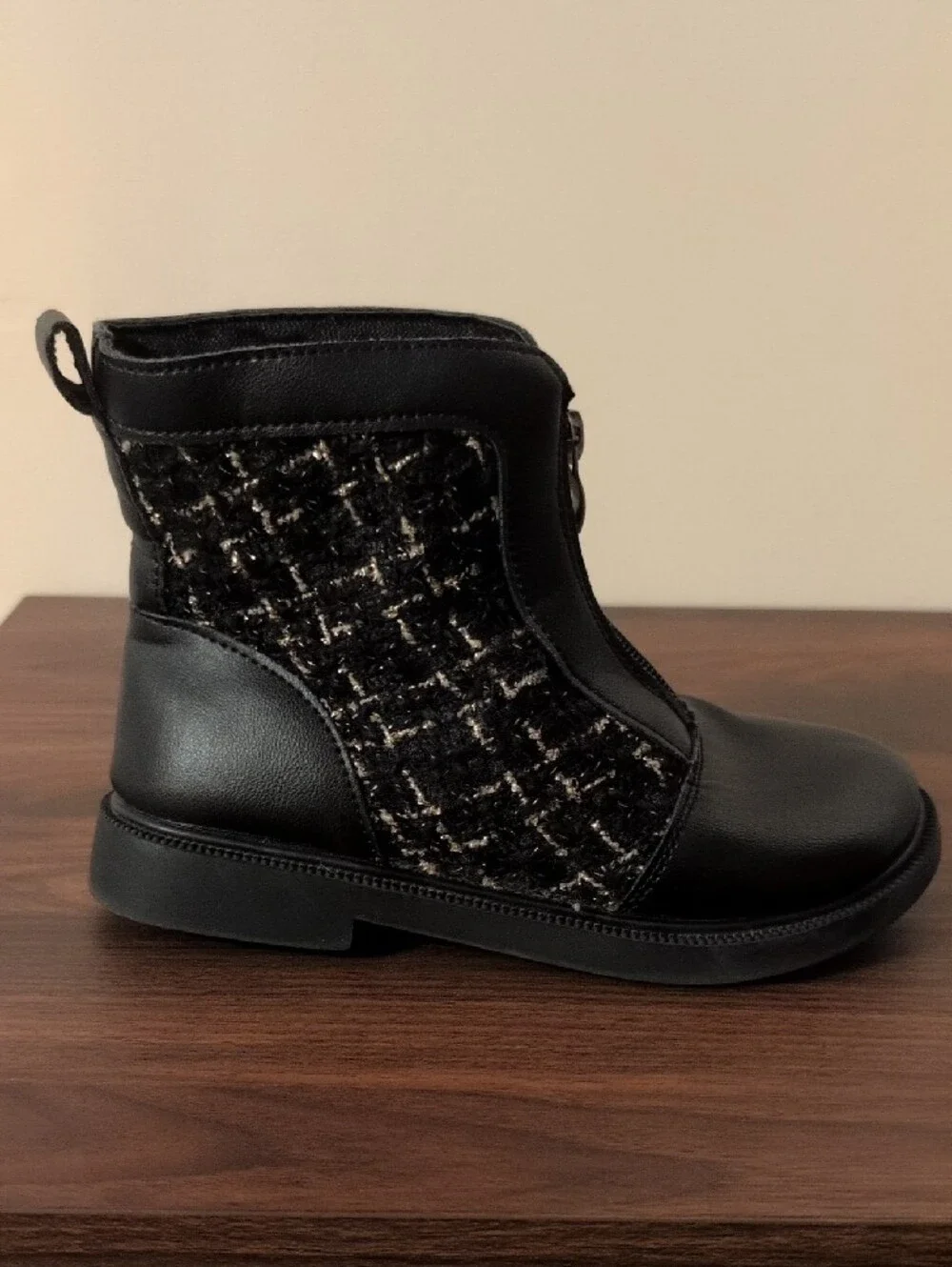 Kids Black Tweed-Panel Ankle Boots Size 1 1/2